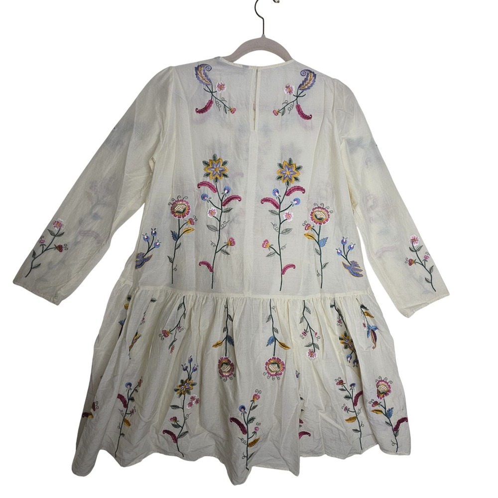 ZARA Sm Cream Embroidered Floral Tiered Drop Waist Long Sleeve Boho Sheer Dress